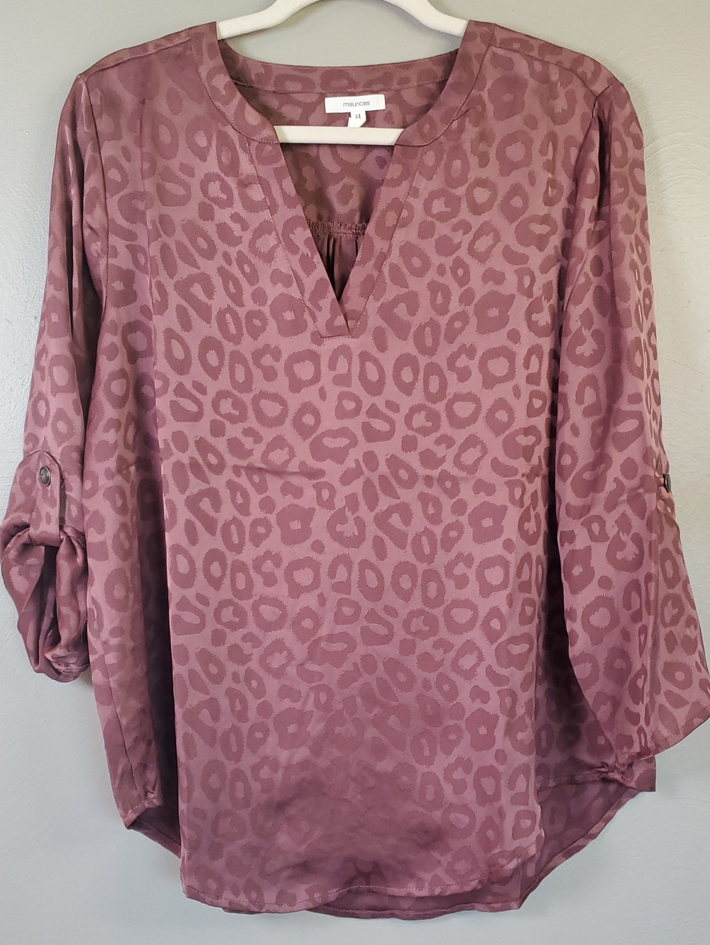 Maurices Mauve Leopard-Print V-Neck Blouse. Medium